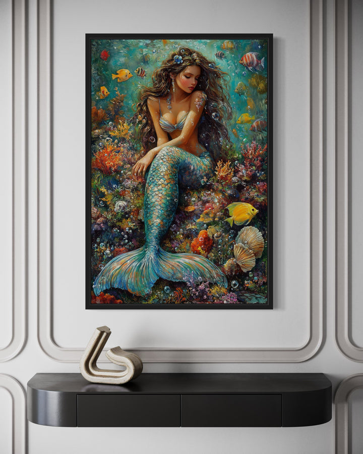 Beautiful Mermaid In Coral Reef Framed Canvas Wall Art