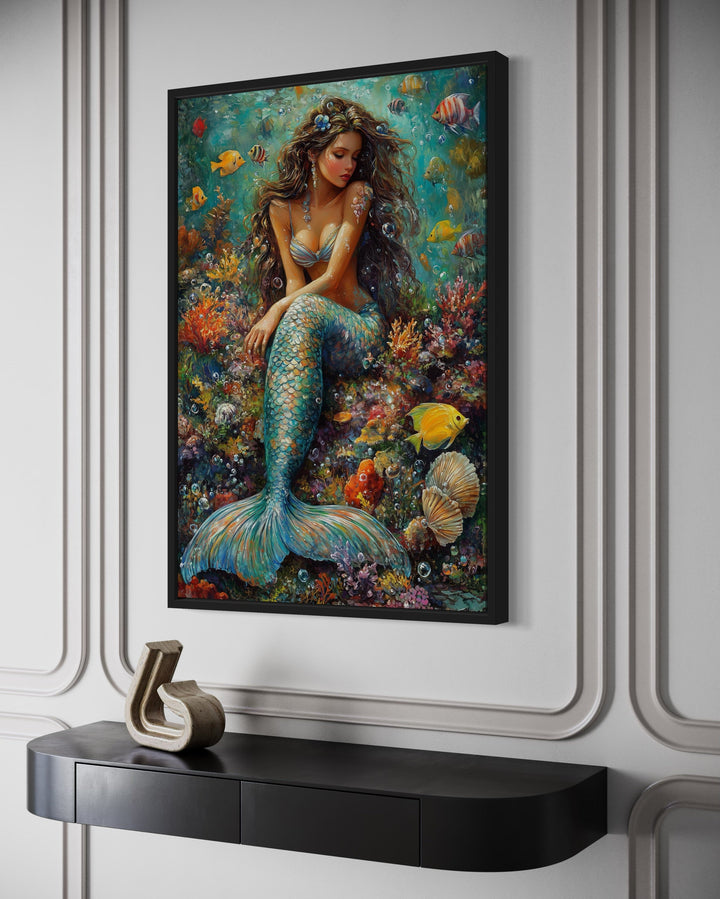 Beautiful Mermaid In Coral Reef Framed Canvas Wall Art