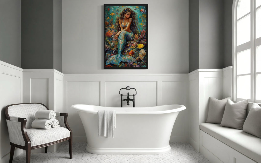 Beautiful Mermaid In Coral Reef Framed Canvas Wall Art