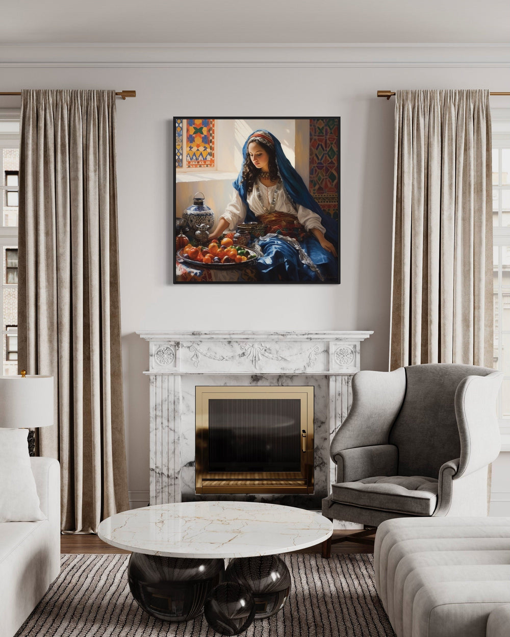 Beautiful Moroccan Woman With Fruit Near Window Kitchen Wall Art above fireplace