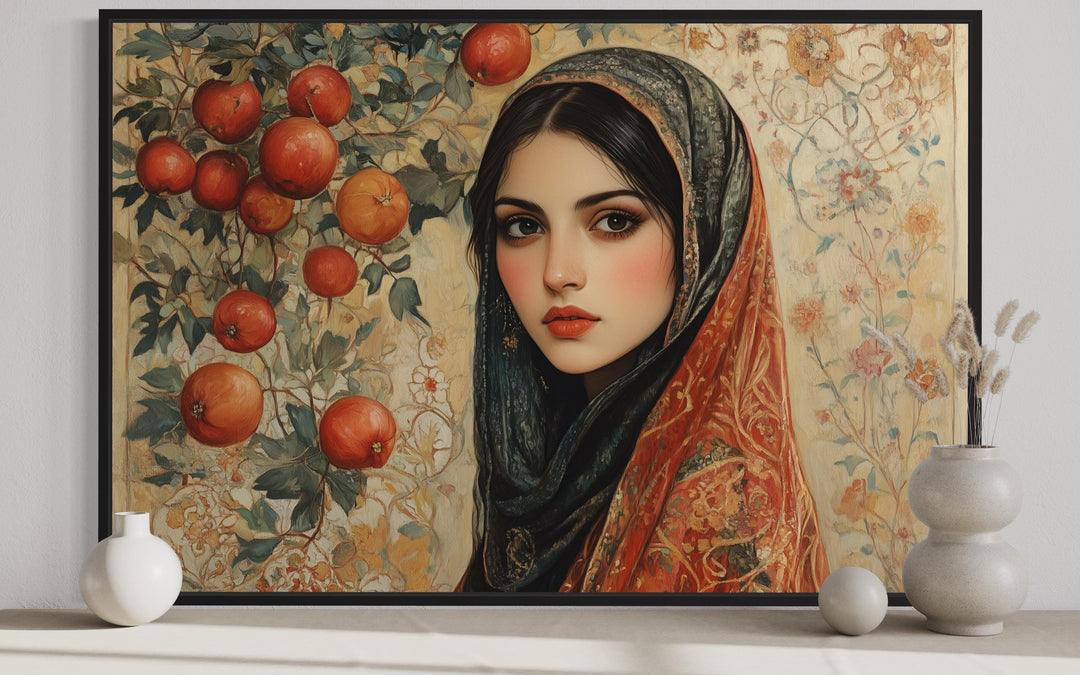 Beautiful Persian Woman With Apples Framed Canvas Wall Art