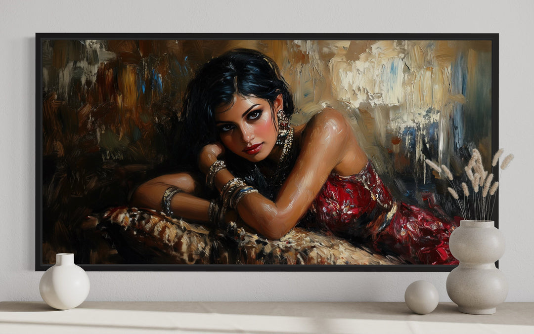 Beautiful Sexy Brunette Woman In Red Dress Framed Canvas Wall Art