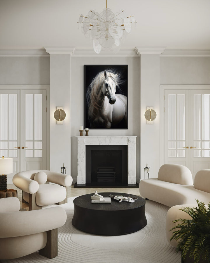 Beautiful White Horse On Black Background Framed Canvas Wall Art