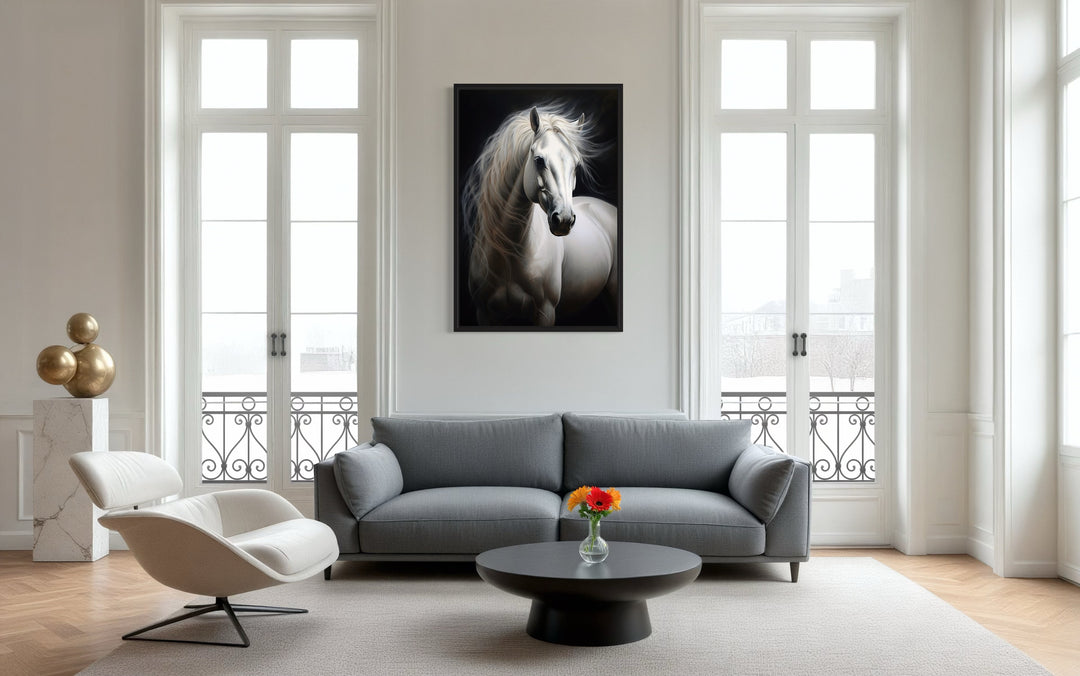 Beautiful White Horse On Black Background Framed Canvas Wall Art