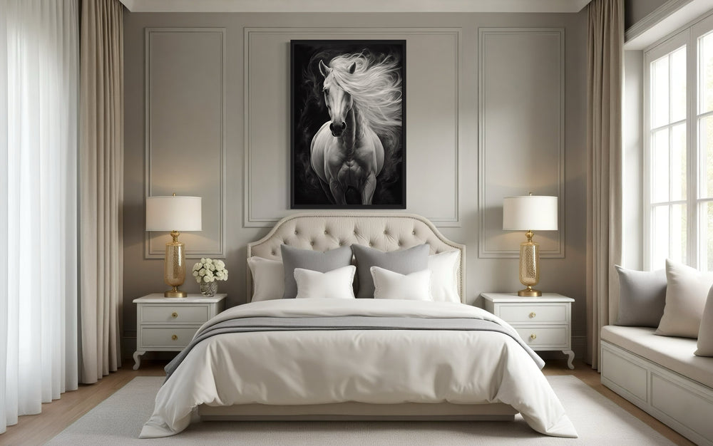 Beautiful White Horse On Black Background Framed Canvas Wall Art