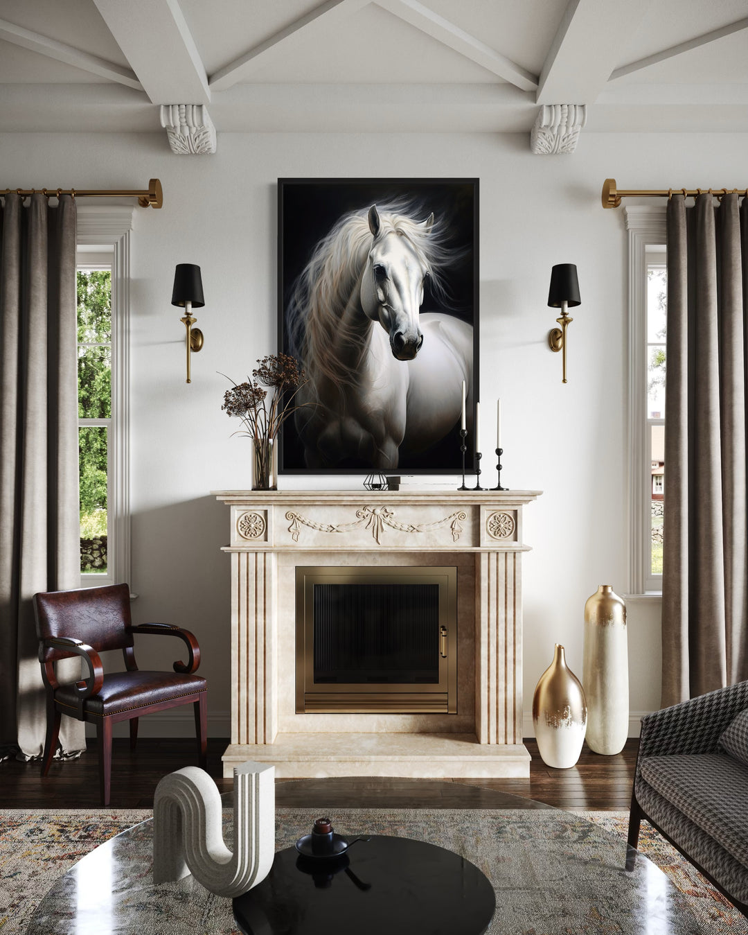 Beautiful White Horse On Black Background Framed Canvas Wall Art