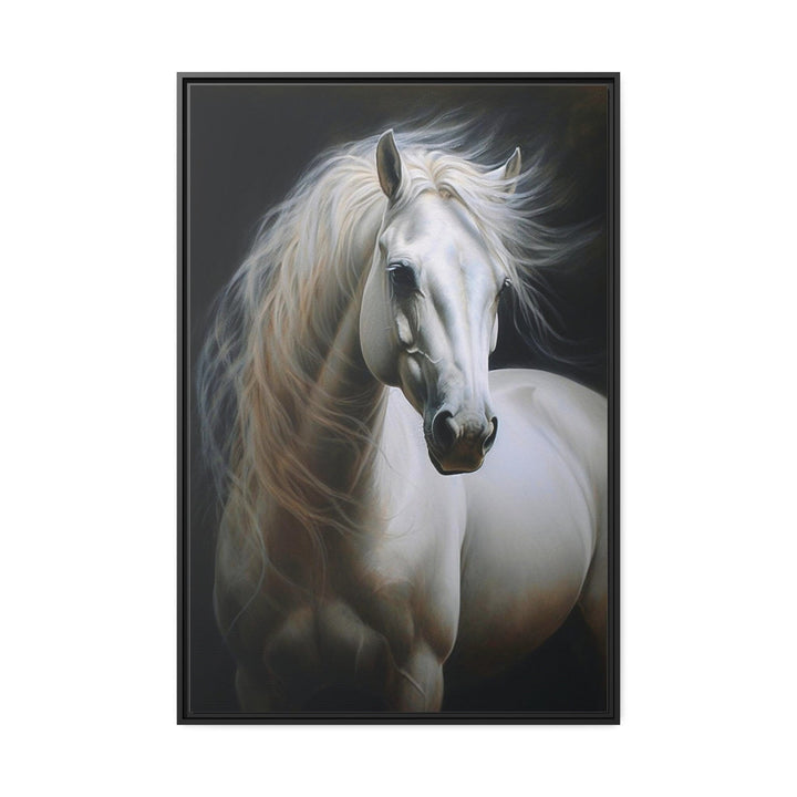 Beautiful White Horse On Black Background Framed Canvas Wall Art close up