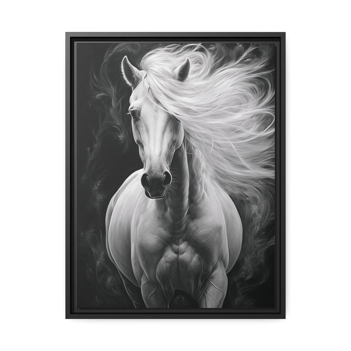 Beautiful White Horse On Black Background Framed Canvas Wall Art