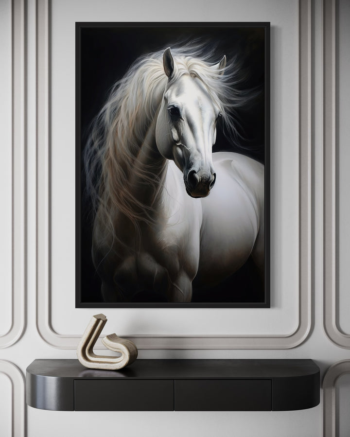 Beautiful White Horse On Black Background Framed Canvas Wall Art