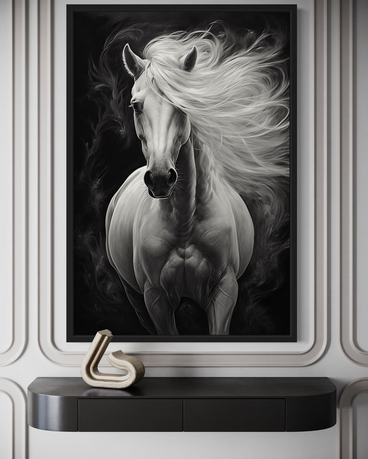 Beautiful White Horse On Black Background Framed Canvas Wall Art