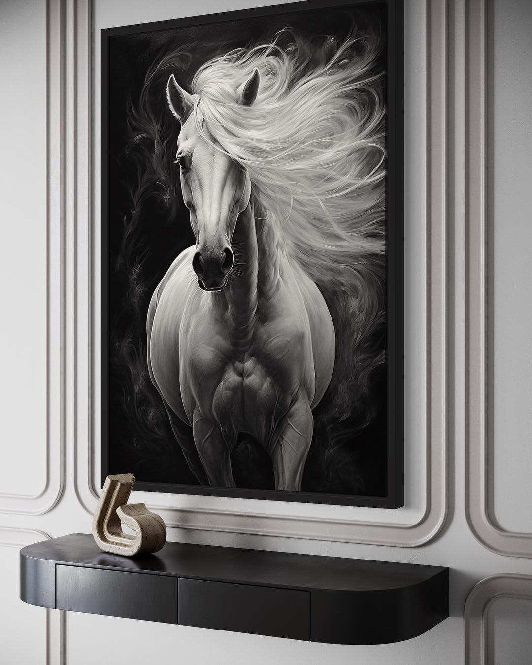 Beautiful White Horse On Black Background Framed Canvas Wall Art