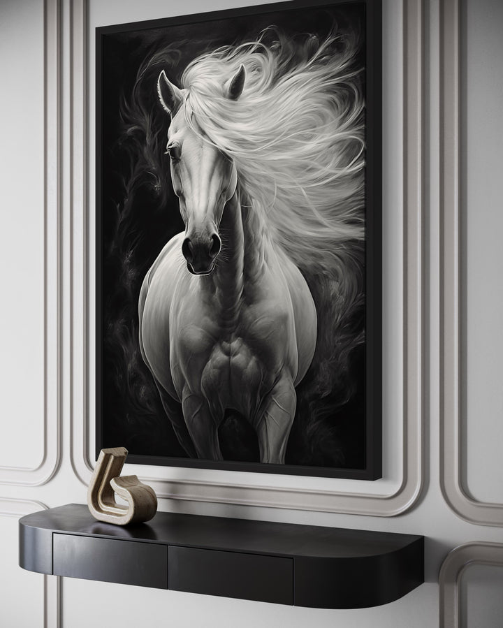 Beautiful White Horse On Black Background Framed Canvas Wall Art