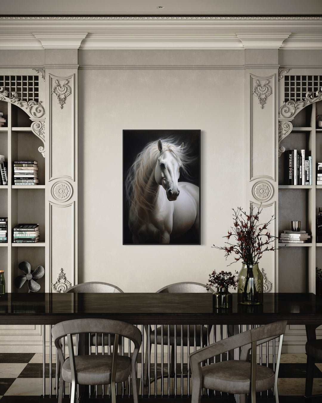 Beautiful White Horse On Black Background Framed Canvas Wall Art in dining room