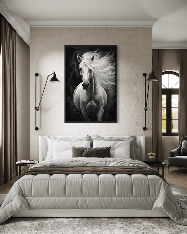 Beautiful White Horse On Black Background Framed Canvas Wall Art