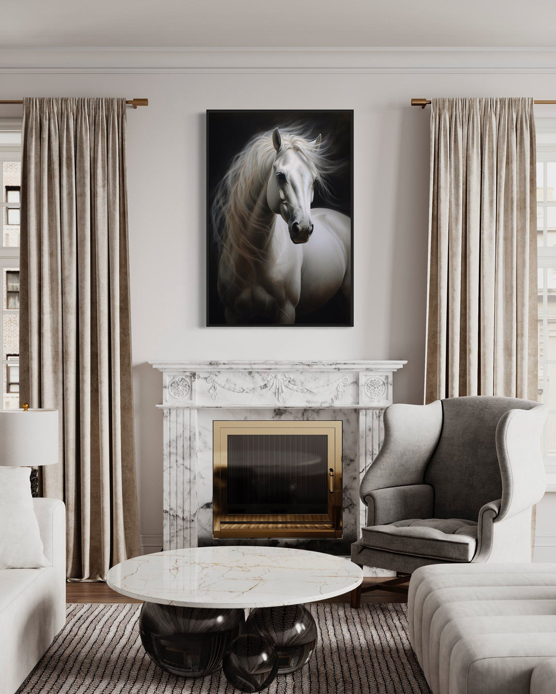 Beautiful White Horse On Black Background Framed Canvas Wall Art