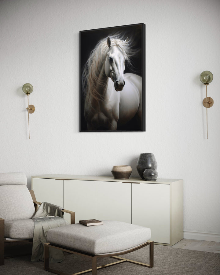 Beautiful White Horse On Black Background Framed Canvas Wall Art in living room