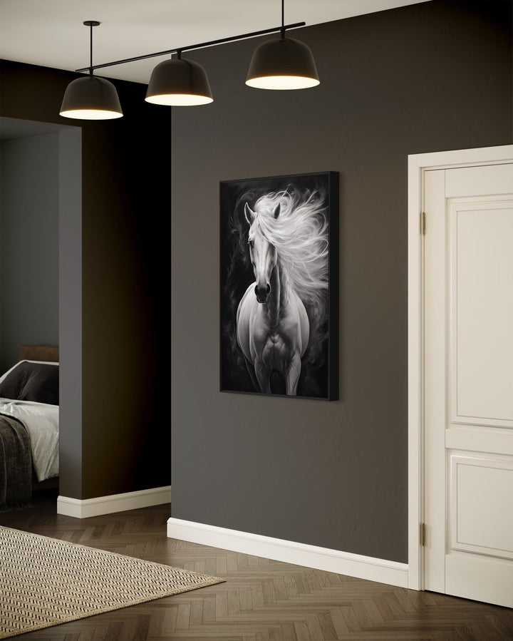 Beautiful White Horse On Black Background Framed Canvas Wall Art