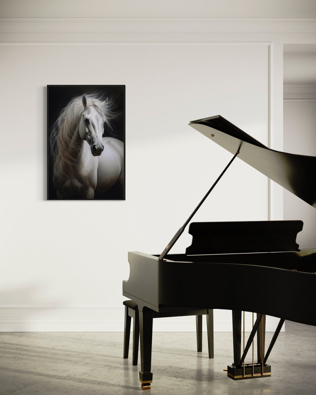 Beautiful White Horse On Black Background Framed Canvas Wall Art