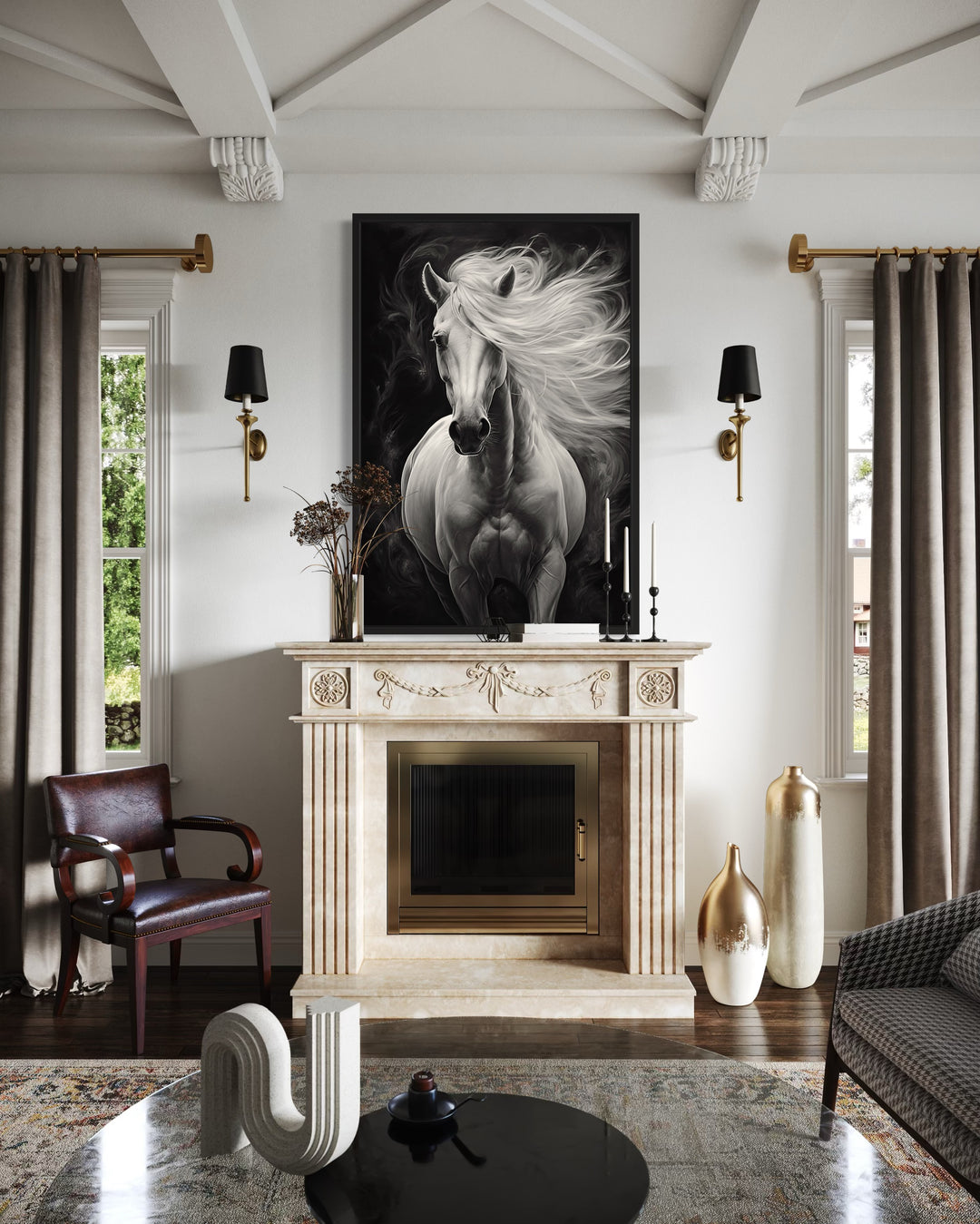 Beautiful White Horse On Black Background Framed Canvas Wall Art