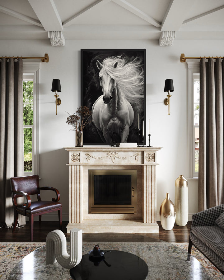 Beautiful White Horse On Black Background Framed Canvas Wall Art