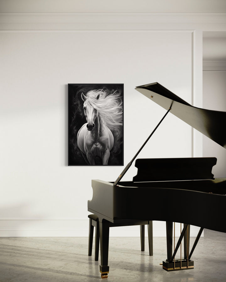 Beautiful White Horse On Black Background Framed Canvas Wall Art