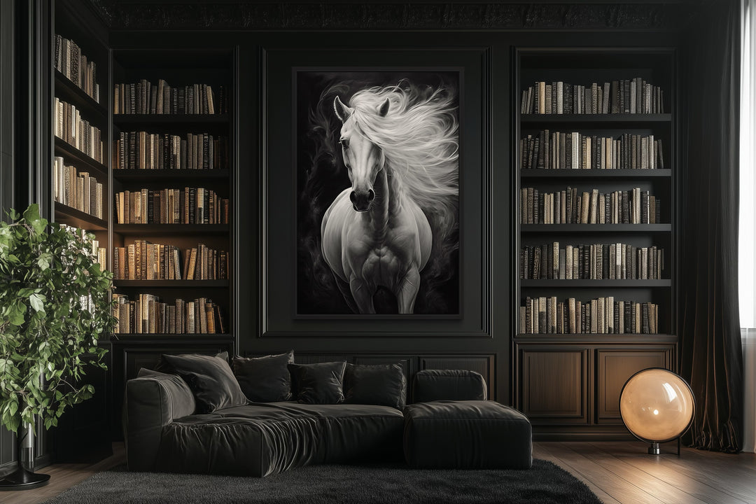 Beautiful White Horse On Black Background Framed Canvas Wall Art