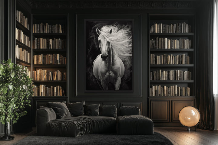 Beautiful White Horse On Black Background Framed Canvas Wall Art