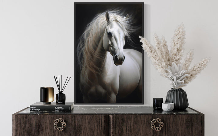 Beautiful White Horse On Black Background Framed Canvas Wall Art