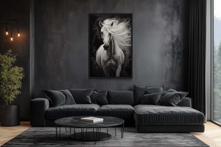Beautiful White Horse On Black Background Framed Canvas Wall Art