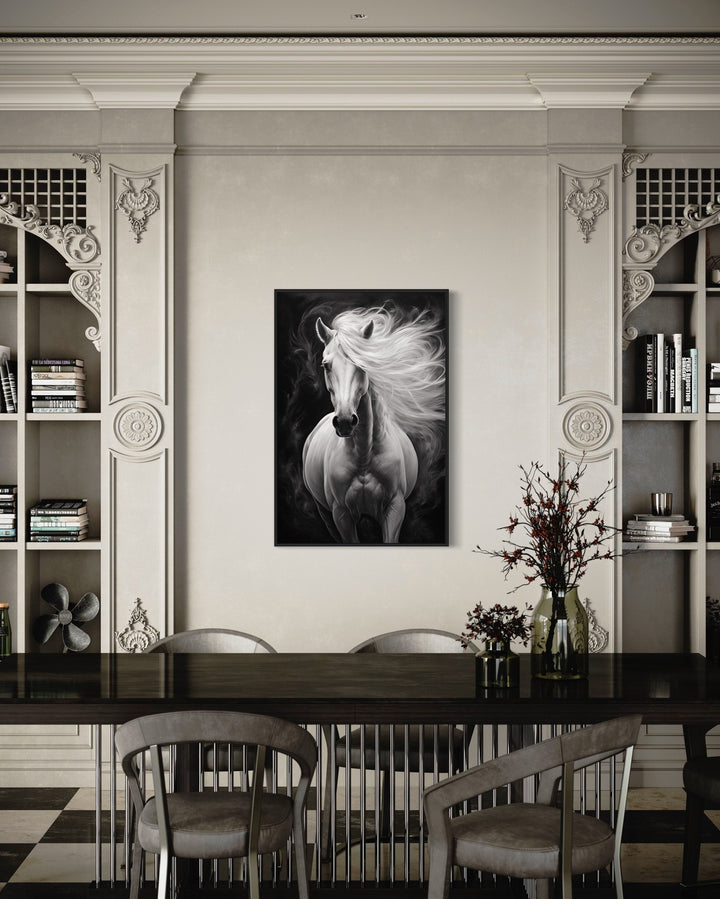 Beautiful White Horse On Black Background Framed Canvas Wall Art