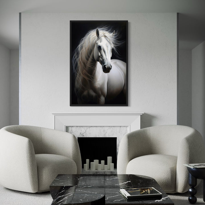 Beautiful White Horse On Black Background Framed Canvas Wall Art