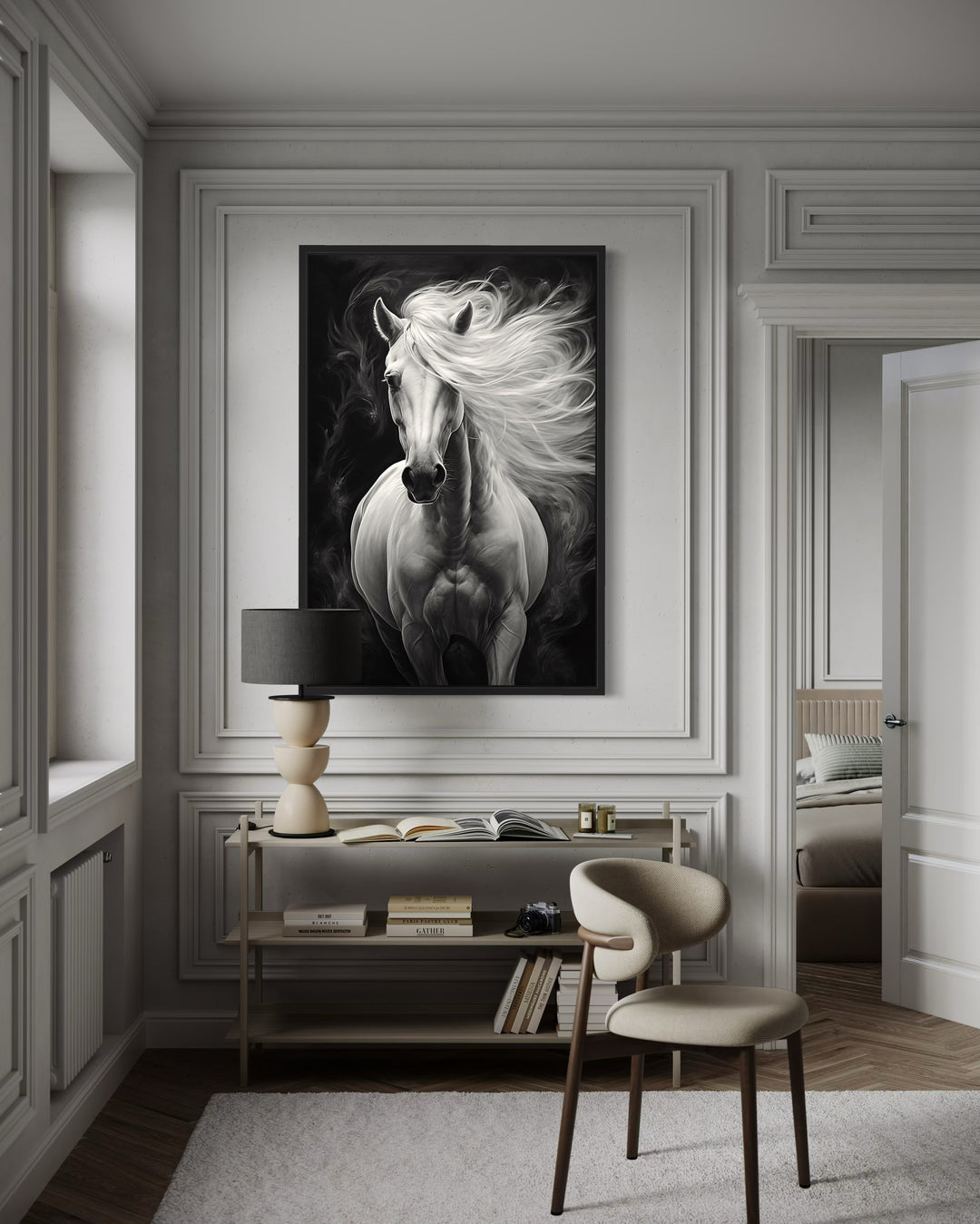 Beautiful White Horse On Black Background Framed Canvas Wall Art