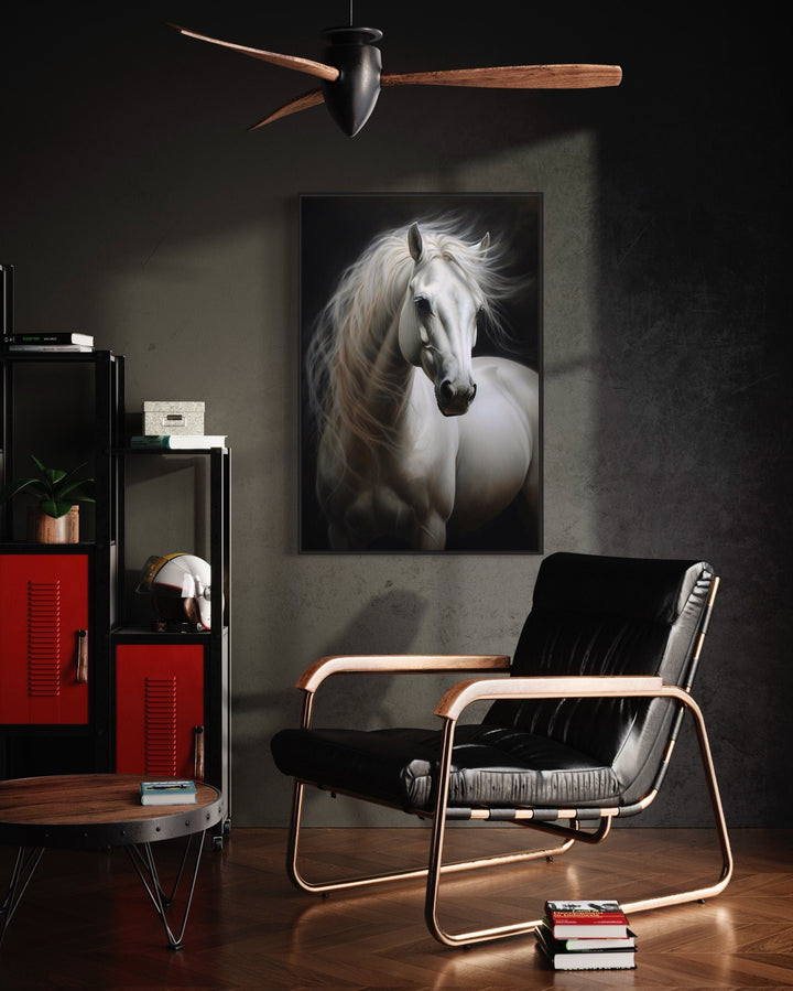 Beautiful White Horse On Black Background Framed Canvas Wall Art