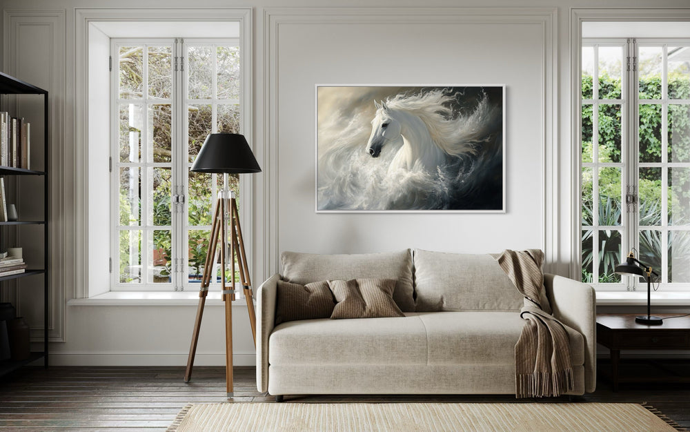 Beautiful White Stallion Framed Canvas Wall Art in a living room with a couch