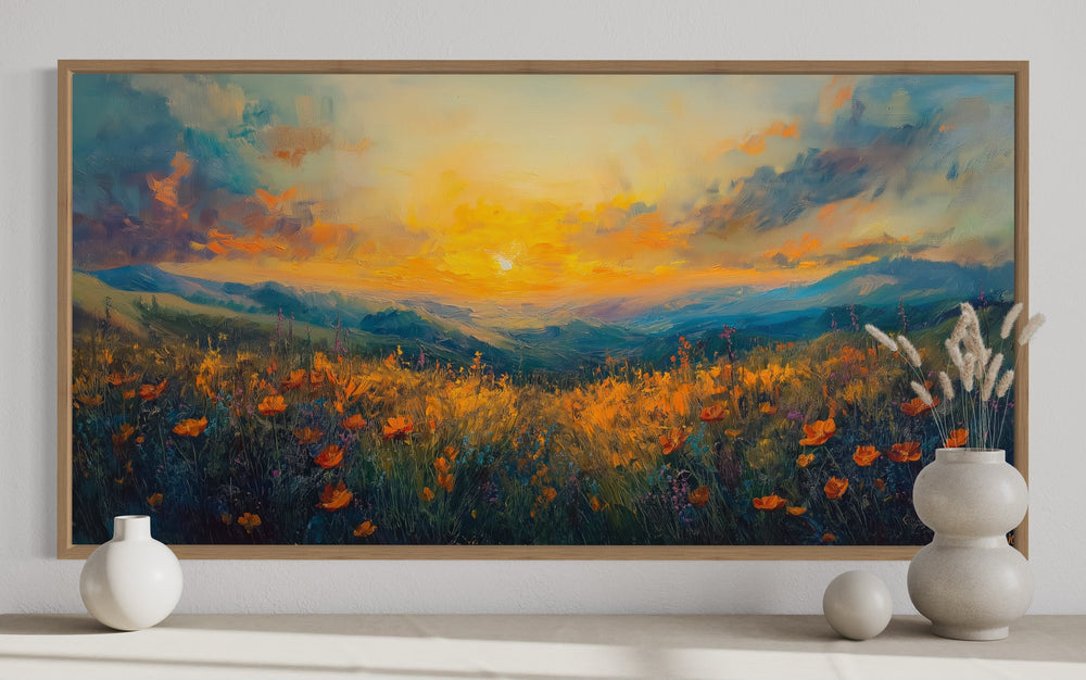 Beautiful Wildflower Field At Sunset Painting Framed Canvas Wall Art close up