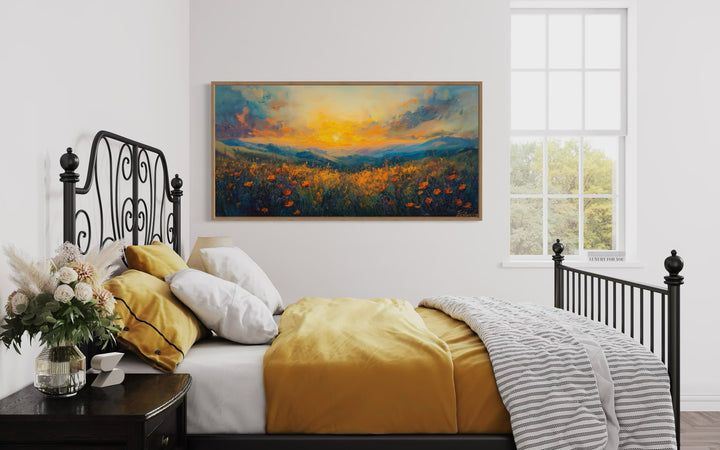 Beautiful Wildflower Field At Sunset Painting Framed Canvas Wall Art