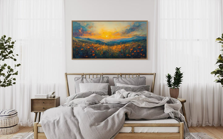 Beautiful Wildflower Field At Sunset Painting Framed Canvas Wall Art