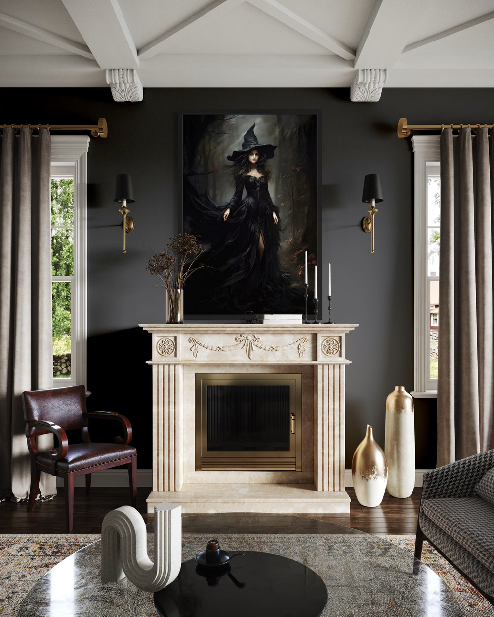 Gothic wall decor featuring a beautiful witch in a dark forest, framed above a fireplace.