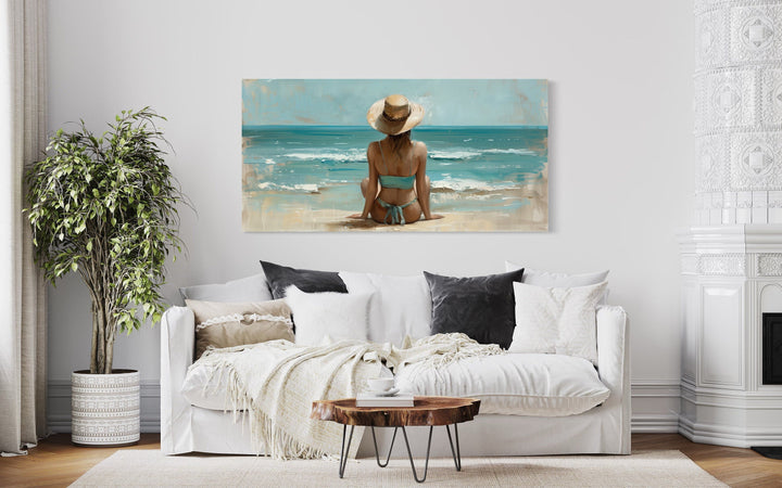 Beautiful Woman In Swimming Suit And Hat On The Beach Framed Canvas Wall Art