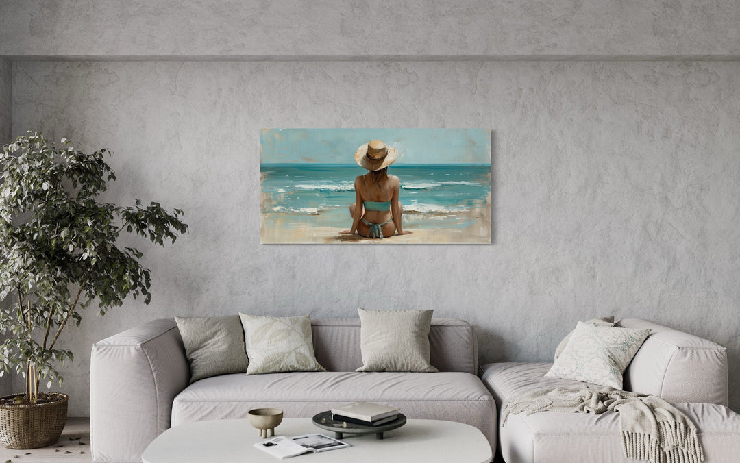 Beautiful Woman In Swimming Suit And Hat On The Beach Framed Canvas Wall Art