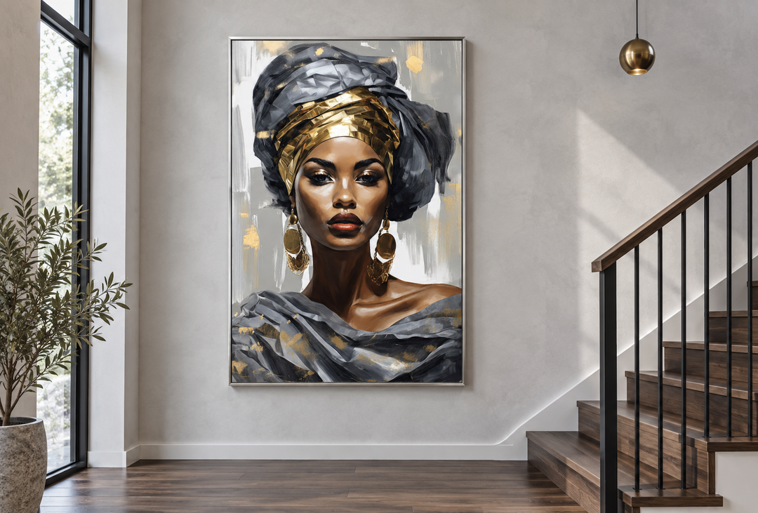 Framed canvas art of a Black woman in a gold and silver headwrap hanging in a modern hallway.