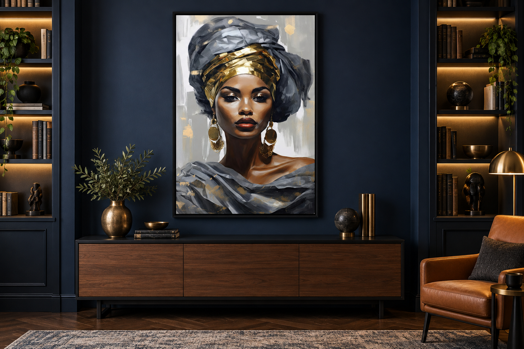 Framed canvas wall art of a Black woman in a silver and gold headwrap above a wooden sideboard.