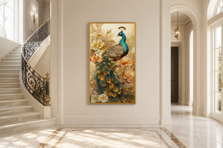 Vertical canvas print of a majestic peacock with gold accents in an elegant hallway setting.