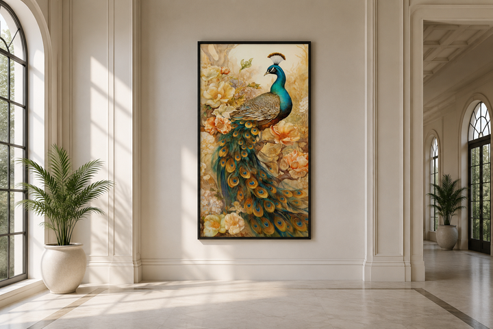 Vertical canvas print of a majestic peacock with gold and teal feathers among cream flowers.