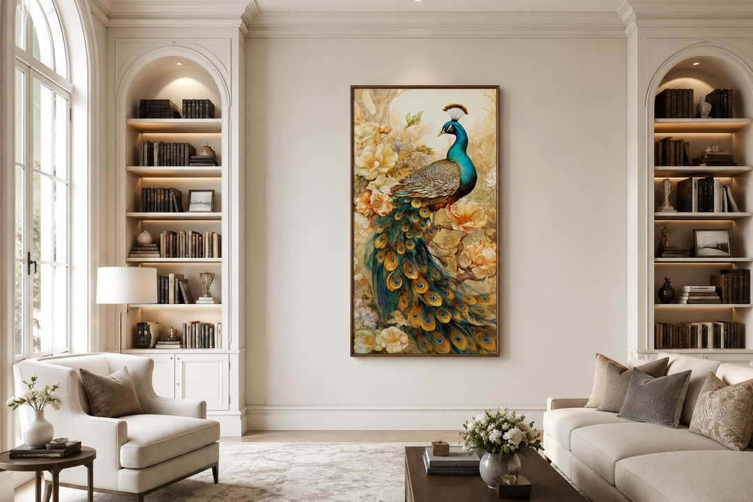 Vertical canvas print of a majestic peacock with gold accents, displayed in an elegant living room.