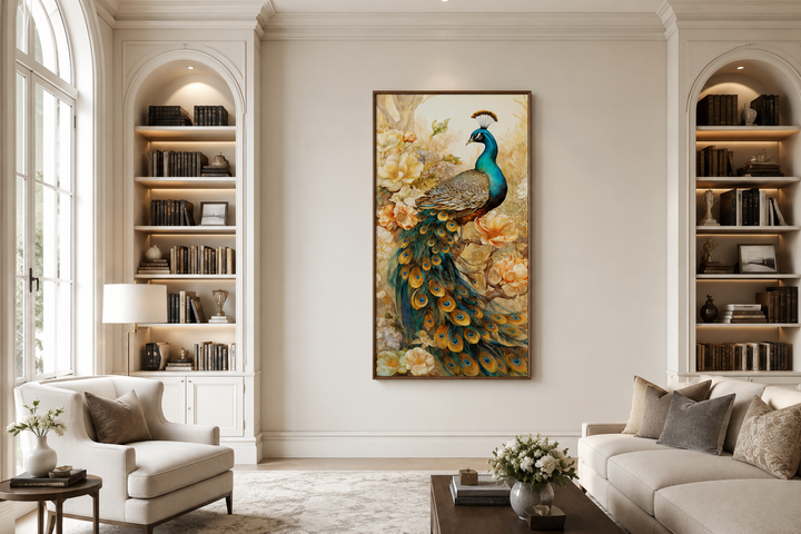 Vertical canvas print of a majestic peacock with gold accents, displayed in an elegant living room.