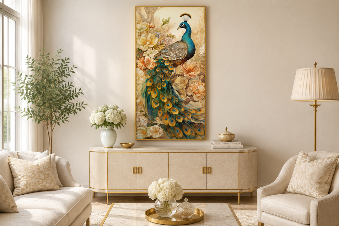 Vertical canvas print of a majestic peacock with metallic gold accents in a gold frame.