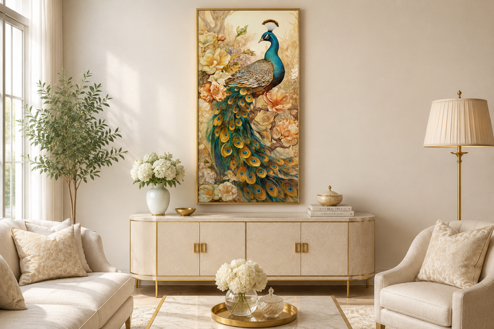 Vertical canvas print of a majestic peacock with metallic gold accents in a gold frame.