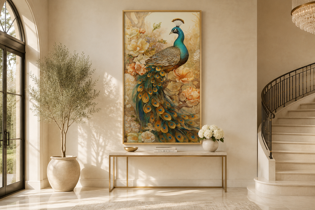 Vertical canvas print of a majestic peacock with golden accents, displayed in an elegant entryway.