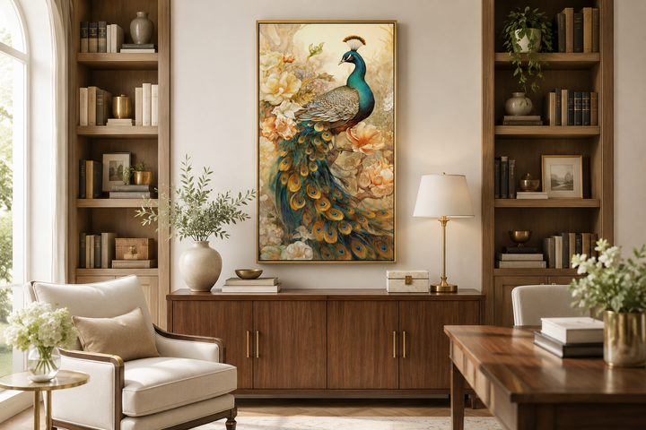Vertical canvas print of a majestic peacock with gold accents, hanging above a wooden sideboard.
